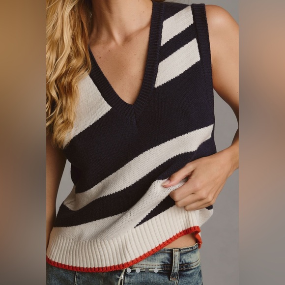 Anthropologie Maeve Navy and White‎ Striped V-Neck Sweater Vest Size Medium - Picture 1 of 10